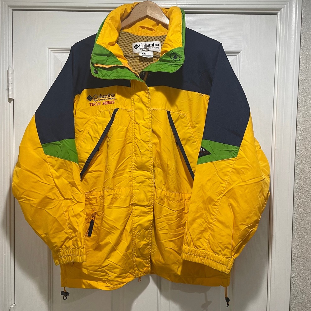 Columbia Mens Jacket Small Yellow Nylon Tech Series Vintage Colorblock Hooded